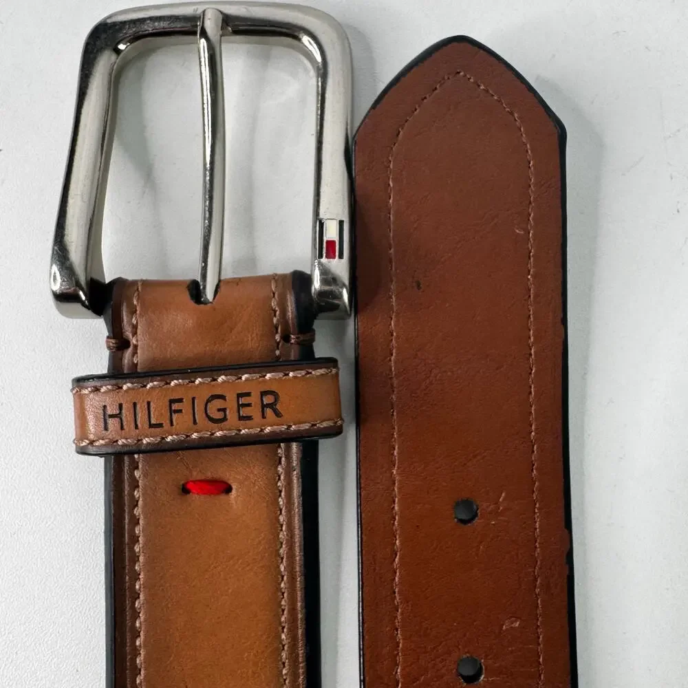 Tommy Hilfiger Brown Leather Belt Silver Buckle Logo Size 34